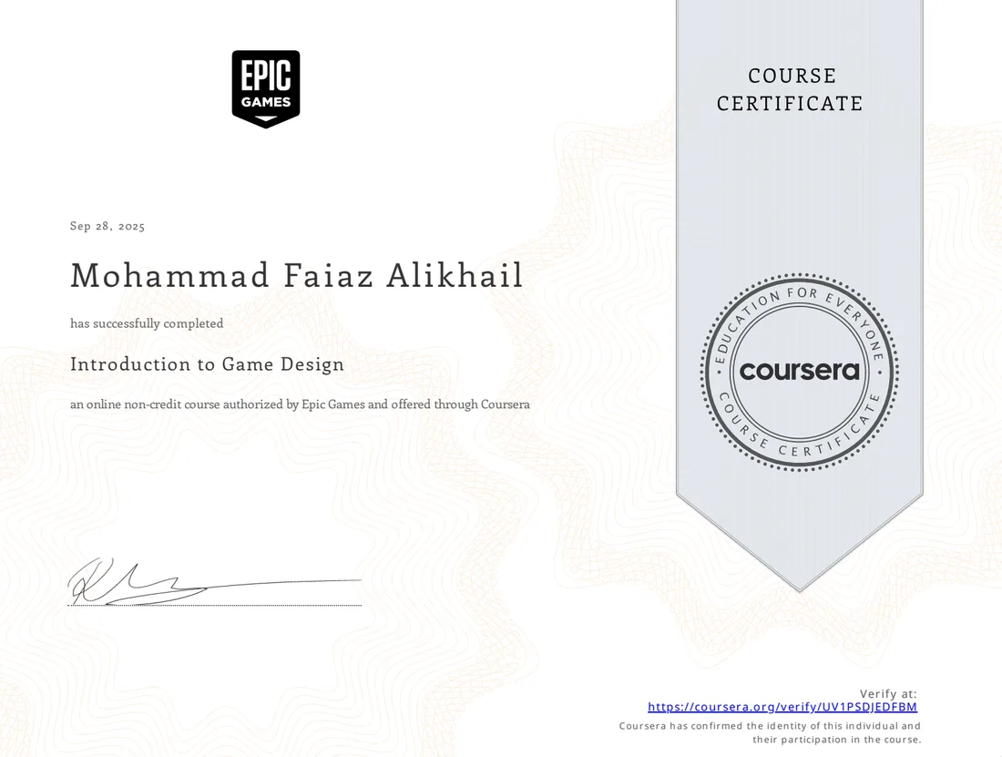Introduction to Game Design certificate