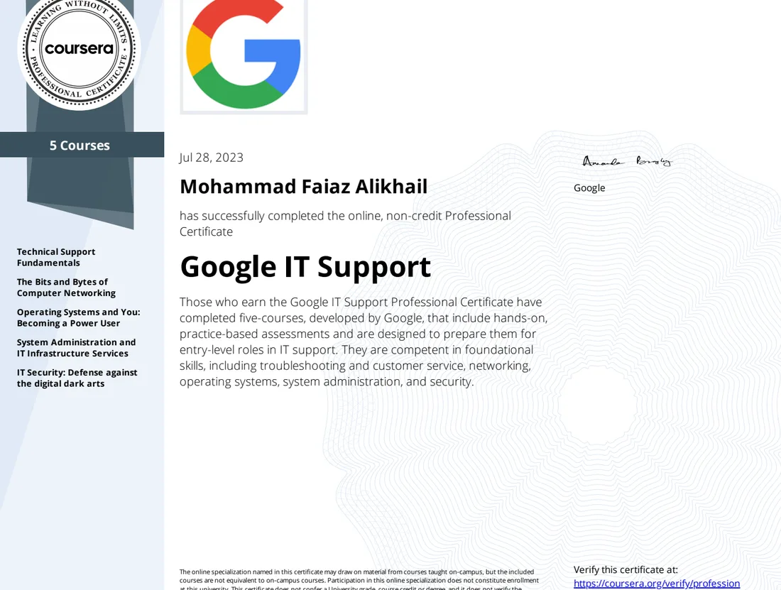 Google IT Support Professional Certificate certificate