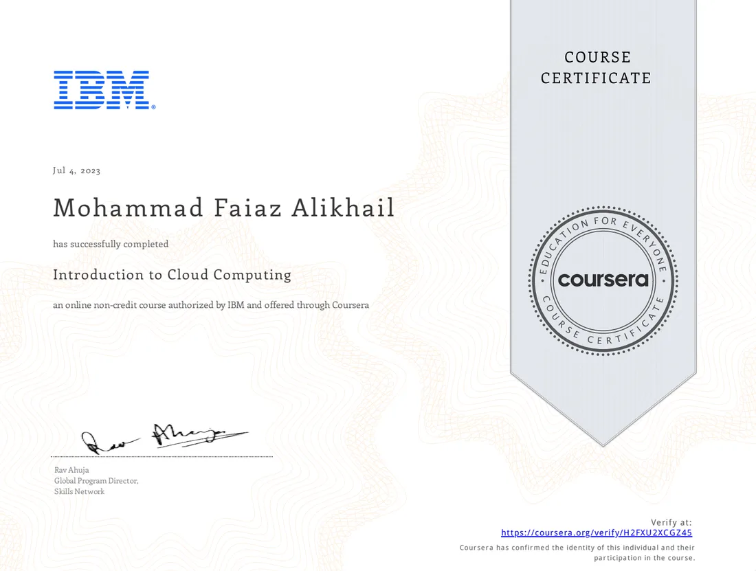 Introduction to Cloud Computing certificate