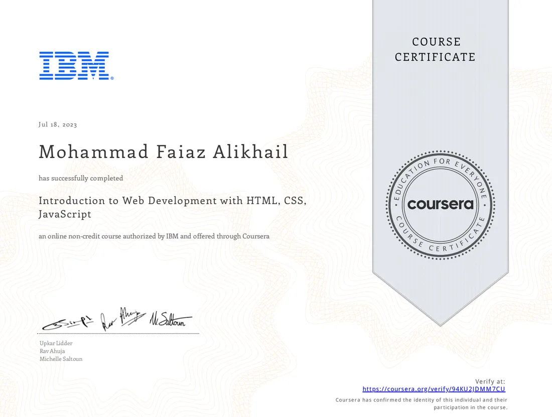 Web Development with HTML, CSS & JavaScript certificate