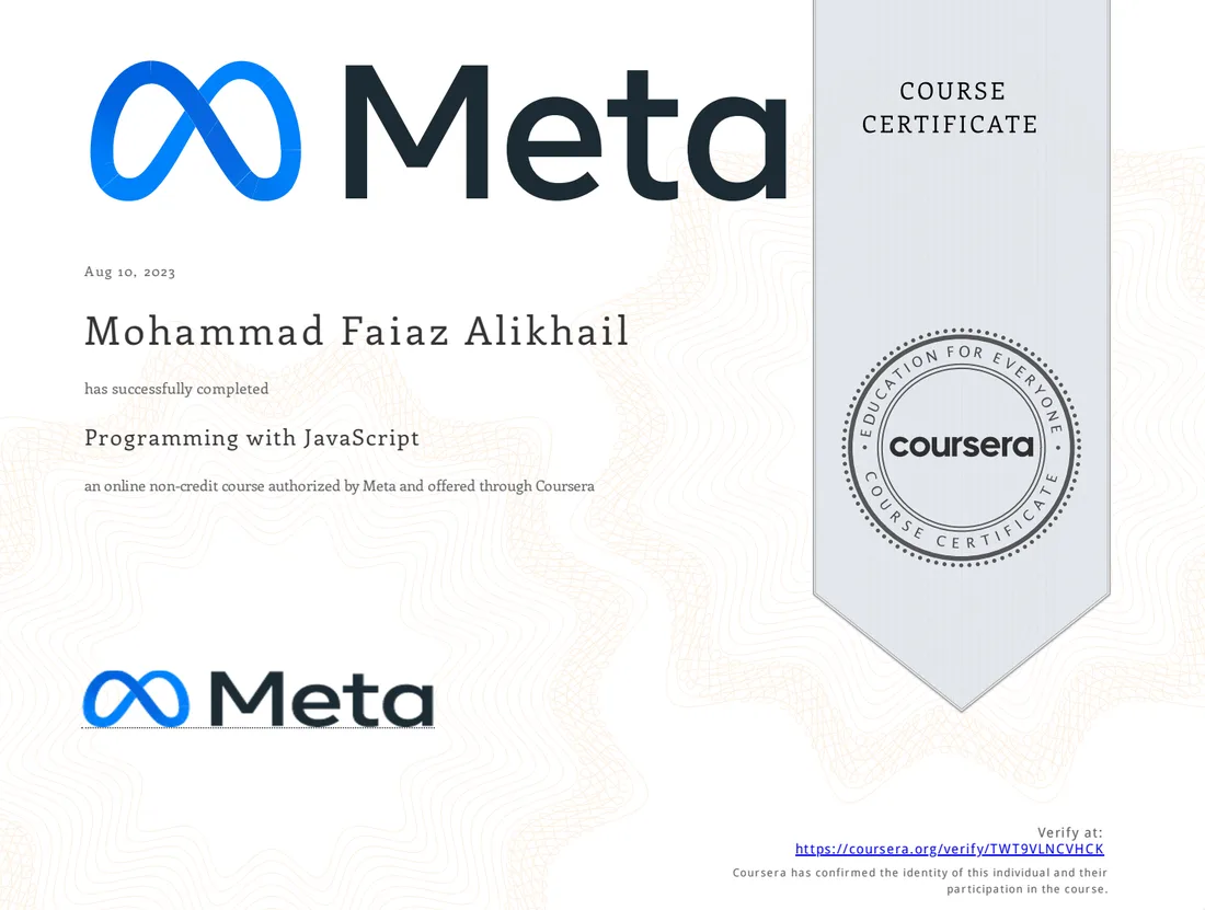 Programming with JavaScript certificate