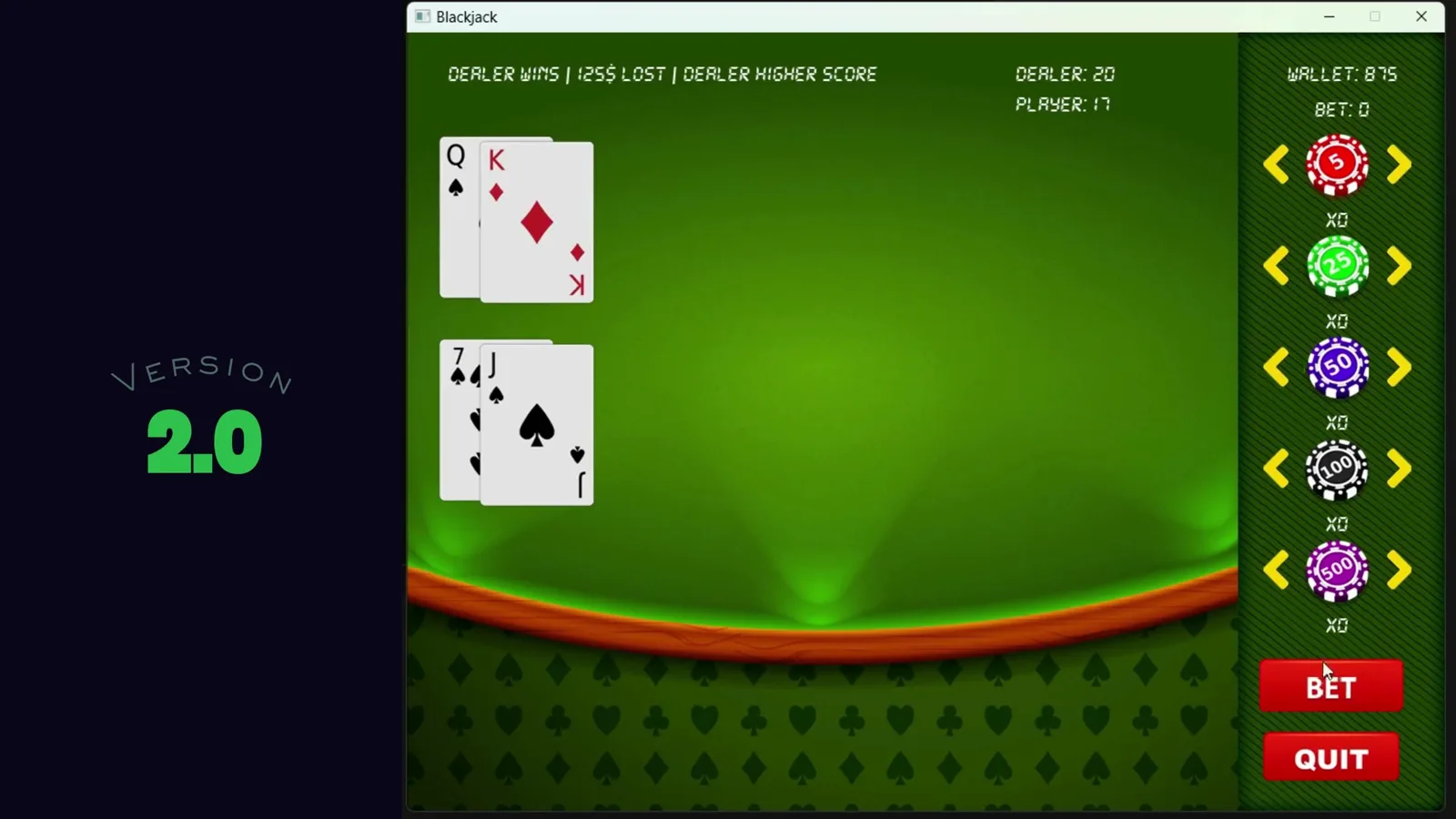 Blackjack — Graphical gameplay